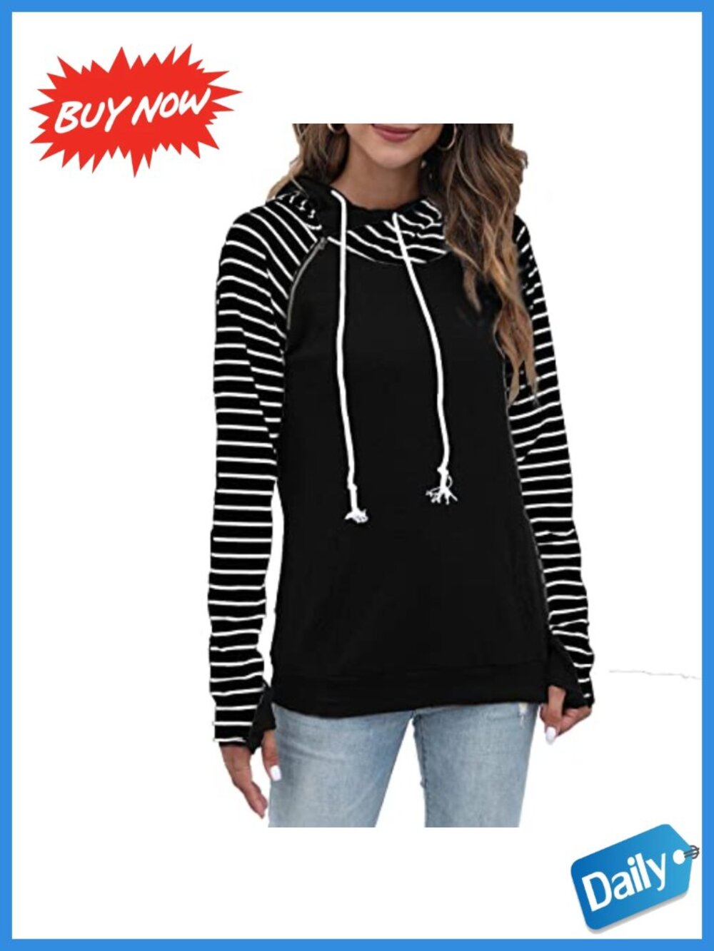 Womens Double Hooded Pullover Sweatshirt Kangaroo Pocket Casual